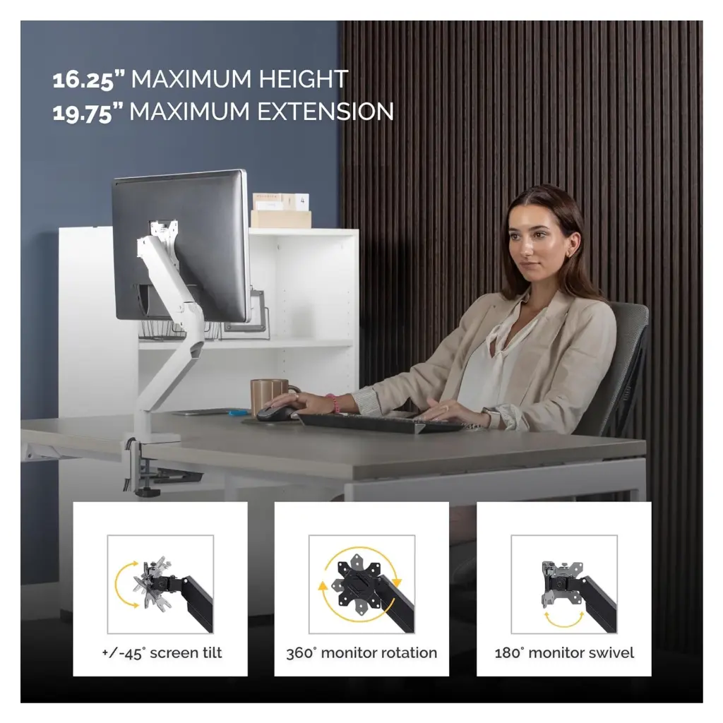 Fellowes Platinum Series Single Adjustable Monitor Arm - White 3.webp