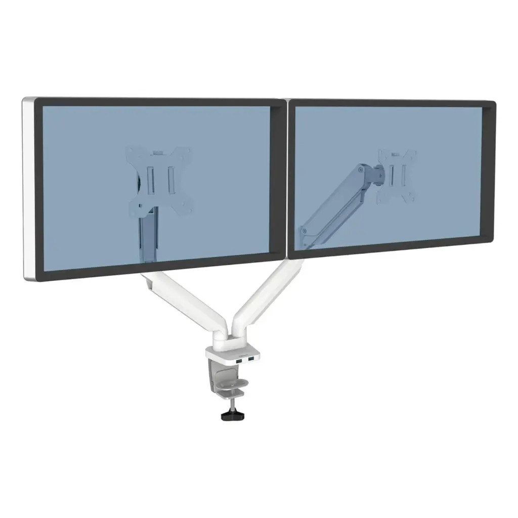 Fellowes Platinum Series Adjustable Dual Monitor Arm - White 4 .webp