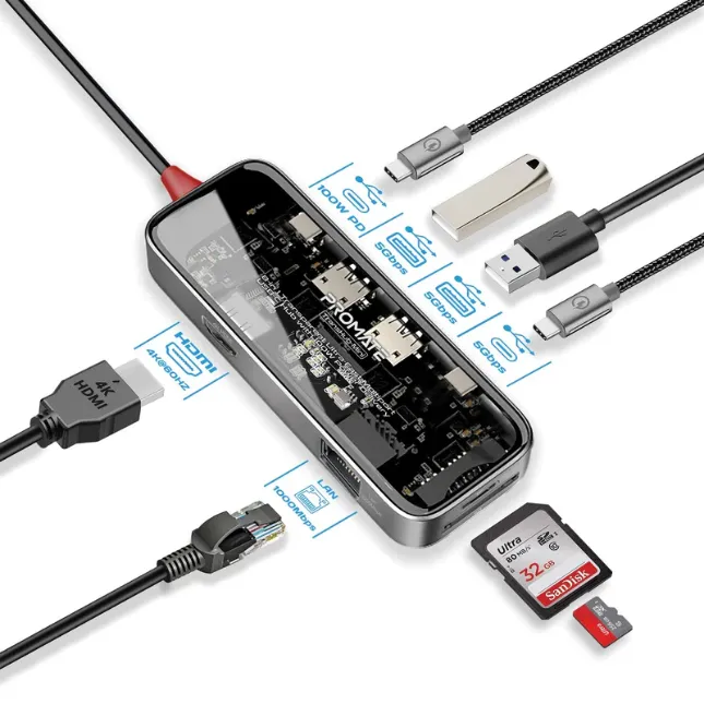 Promate Transhub-Mini, USB-C Hub 8-in-1
